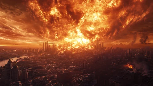 Fiery apocalyptic sky engulfing dense modern cityscape.