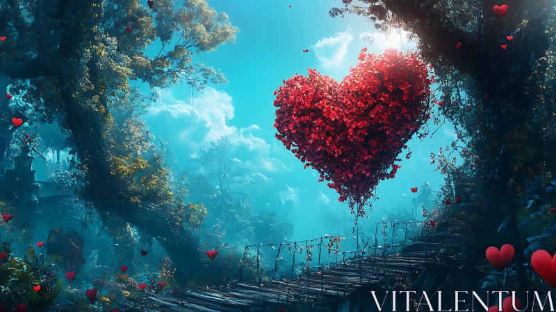 Crimson Heart Suspended in Ethereal Forest Sanctuary