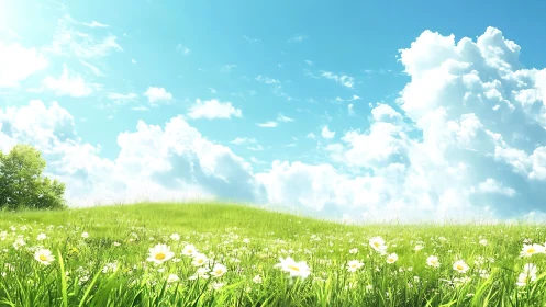 Sunlit wildflower meadow under towering summer clouds.