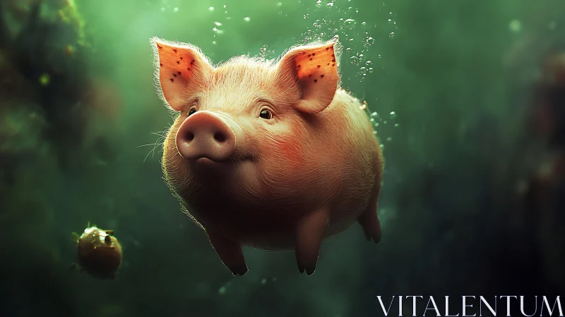 Underwater pig drifts through emerald green depths.