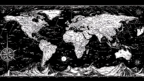 Monochrome ink world map with cartographic contour detail and relief
