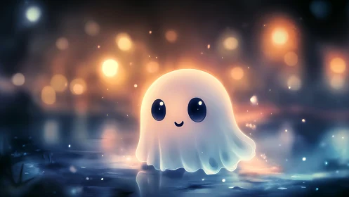 Soft-glow chibi ghost in cinematic bokeh nightscape digital painting.