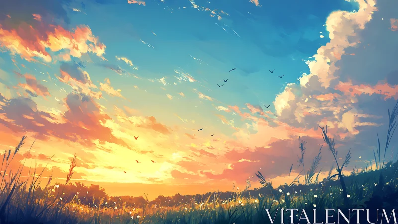 Digital painting twilight meadow with expansive cloud architecture.