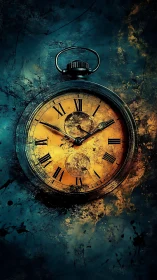 Vintage pocket watch glowing in a storm of color and time.