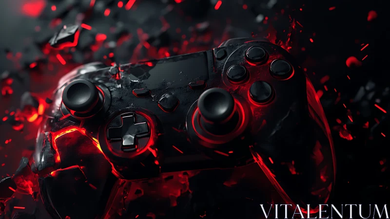 Molten black game controller amid red digital shards.