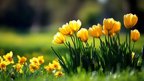 Golden tulips bloom brightly in spring garden sunlight