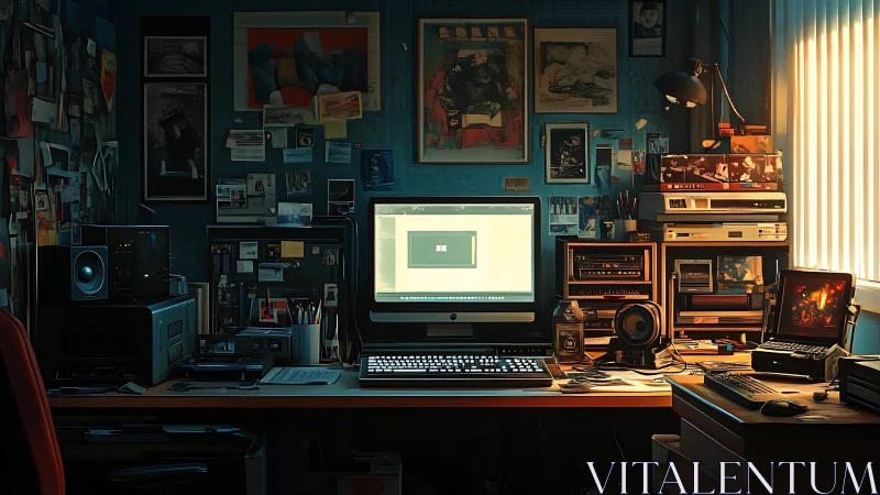 Computer workstation occupies cluttered studio desk at night