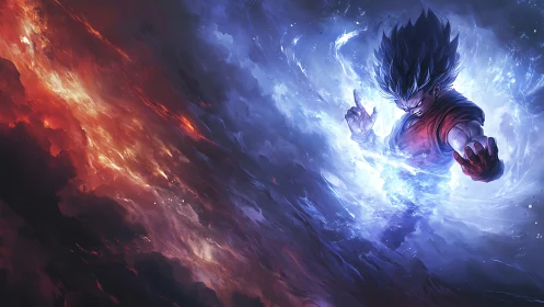 Energetic anime warrior shatters turbulent fire and ice vortex field