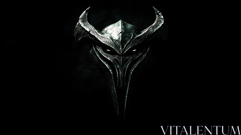 Ornate dark helm emerges from void in high-contrast lighting