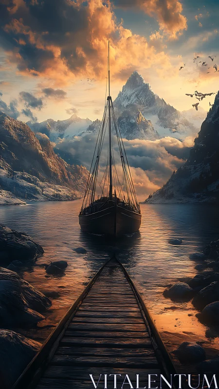 Twilight longship awaiting legends beneath embercloud peaks.