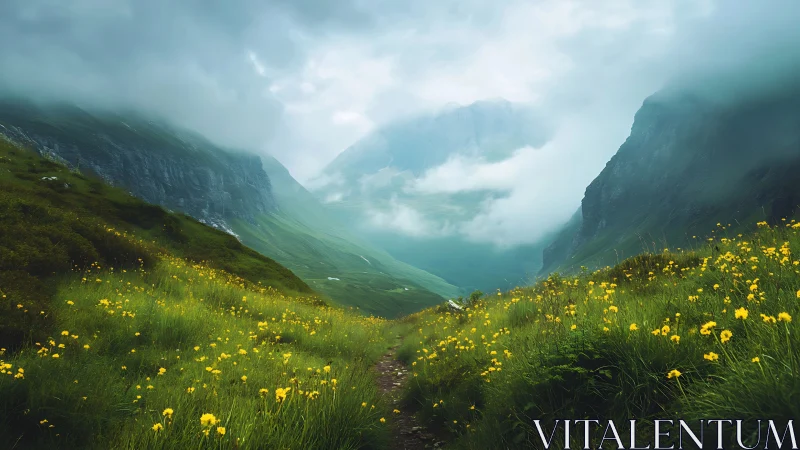 Misty mountain valley path lined with soft yellow wildflowers.