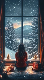 Winter window daydream over snowy pines and distant peaks.