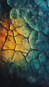 Cracked pigment surface with teal, yellow, and amber gradients