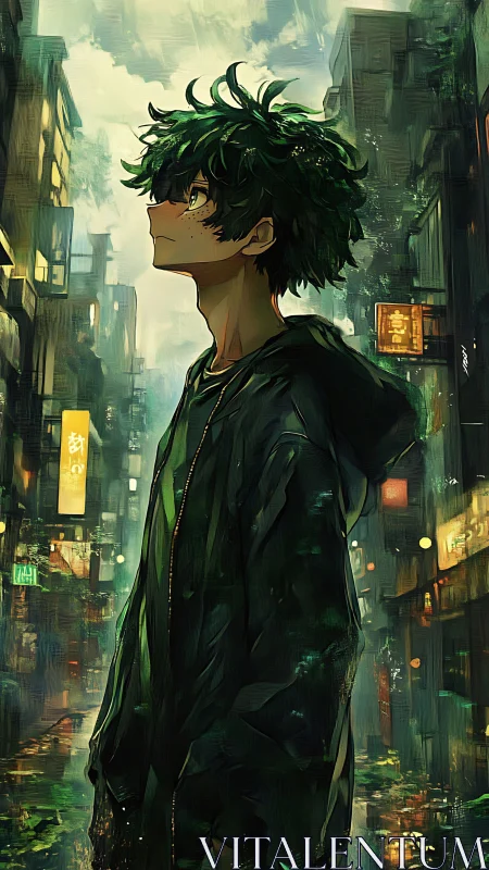 Green-haired dreamer studies neon weather above wet streets