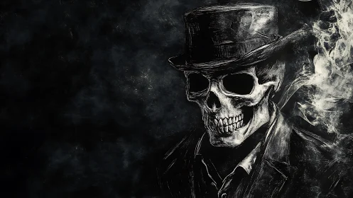 Skull-headed figure in suit and top hat against dark smoke.