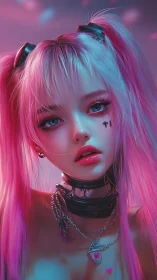 Neon cyberpunk girl with split pink blue hair and collar focus.