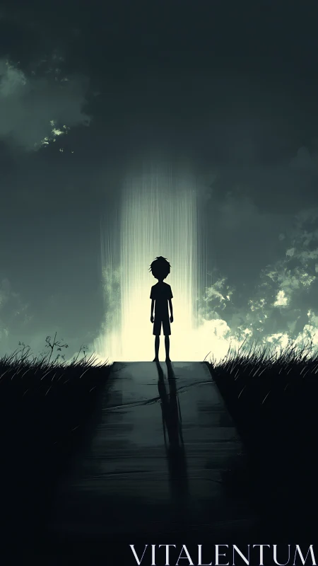 Lone child gazes into a mysterious curtain of glowing light