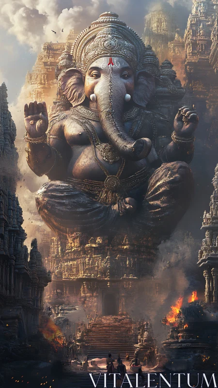 Monumental Ganesha deity in cinematic temple environment.