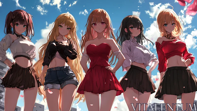 Backlit anime girls under dynamic sky with strong rim lighting