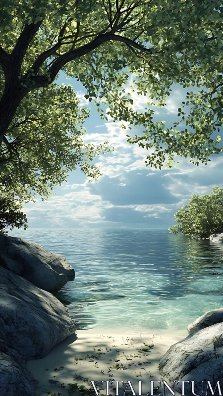 Tranquil Coastal Lagoon Framed by Verdant Canopy.