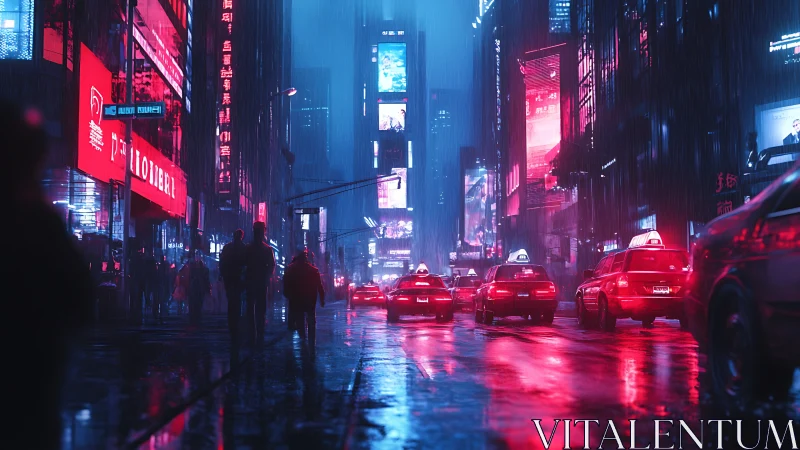 Neon taxis drifting through a rain-soaked midnight cityscape.