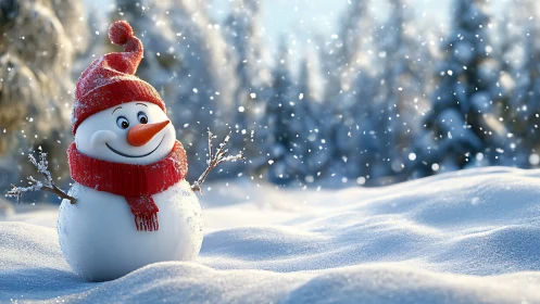 Smiling snowman in red knitwear brightens a snowy forest day.