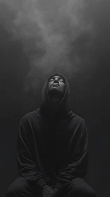 Hooded person in low key lighting beneath rising smoke plume.