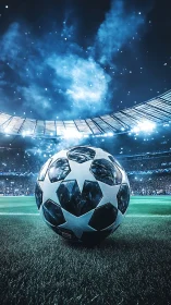 Night stadium glows as a starry soccer ball awaits kickoff