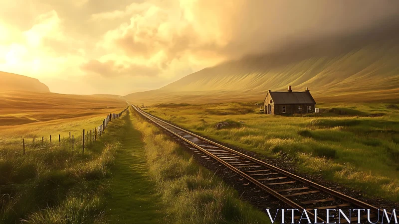 Golden-hour rail corridor across wind-sculpted grasslands.