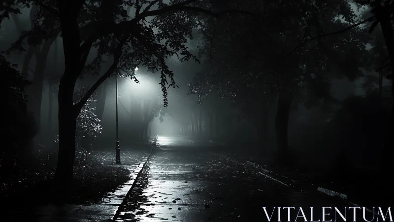Foggy night park path with single streetlight illumination.
