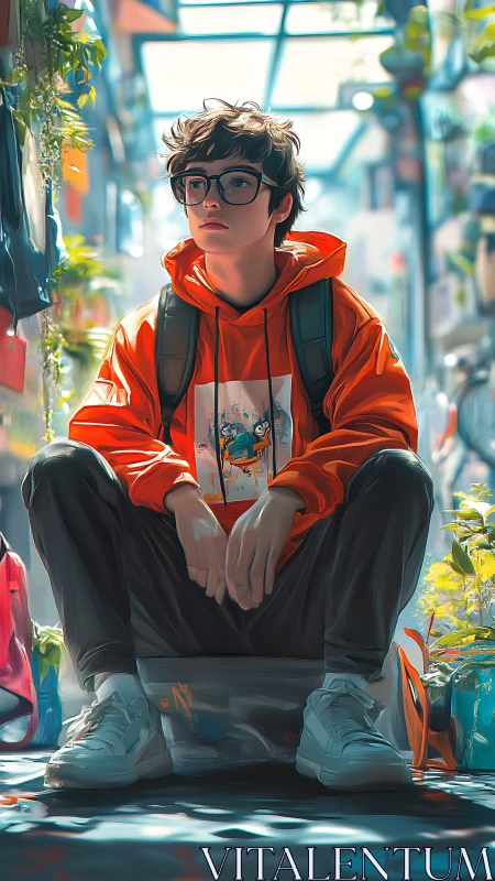 Streetwise daydreamer in neon orange calm between adventures.