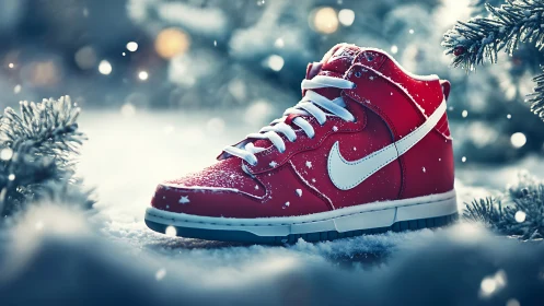 Scarlet holiday sneaker gleams amid soft falling snowflakes.