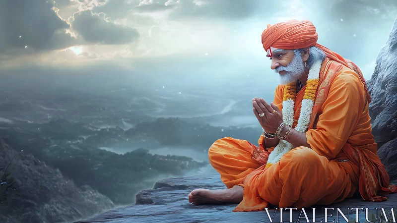 Serene orange-robed sage meditates above misty mountain valley