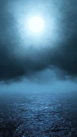 Full moon illuminates misty nocturnal seascape in blue tones