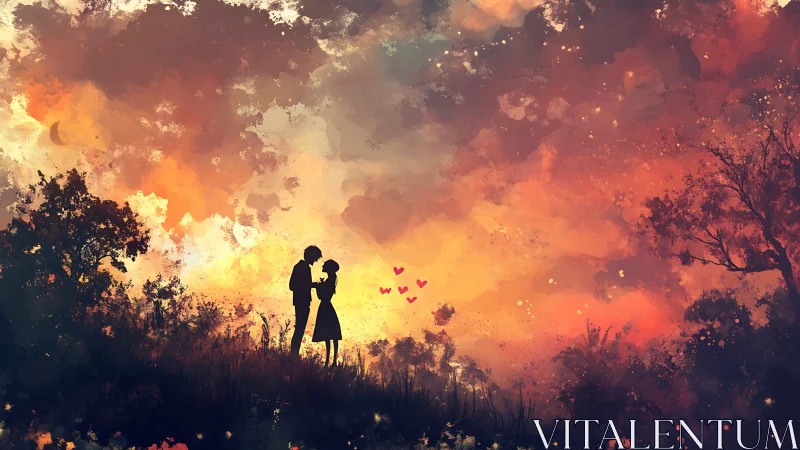 Silhouetted Couple Beneath Fiery Sunset Sky with Floating Hearts