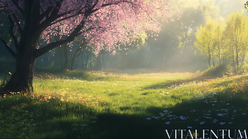 Spring sunlight drifts through a dreamy cherry blossom meadow