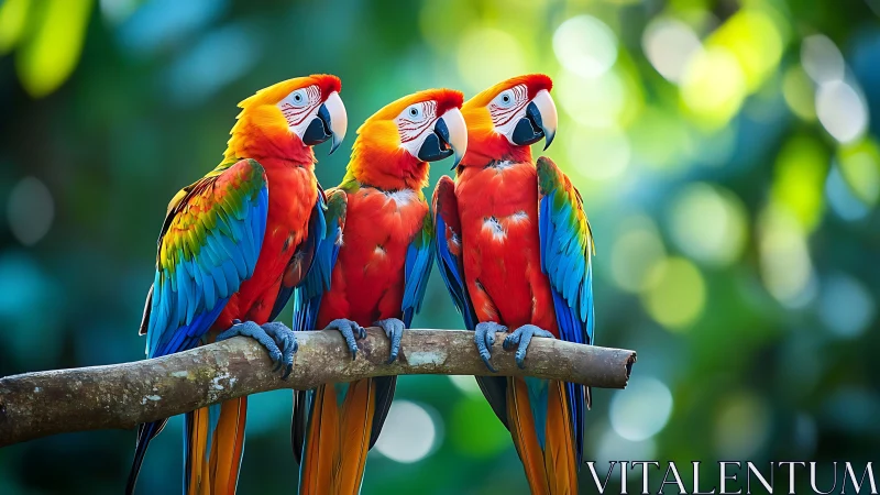 Three Vibrant Macaws Perched on Branch in Lush Tropical Setting.