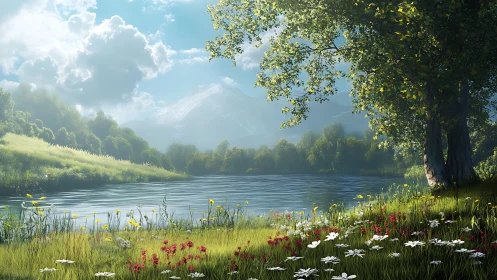 Radiant alpine lakeside biome under volumetric daylight gradients.