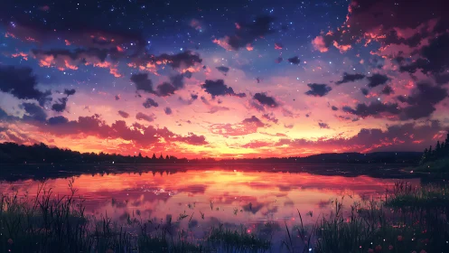 Sunset sky reflects across still lake surface with grass foreground