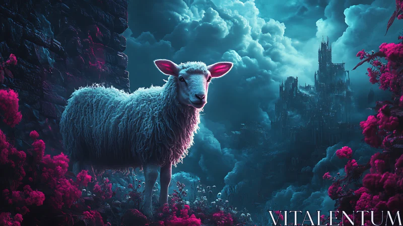 Luminous lamb guards a stormlit citadel in neon dreamscape.