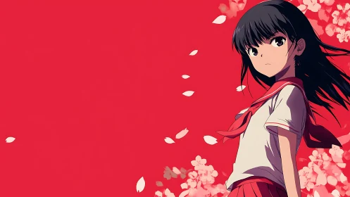 Anime girl stands against flat red background with petals