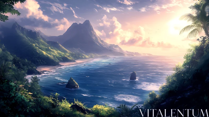 Tropical Mountain Cove at Golden Hour Glow.