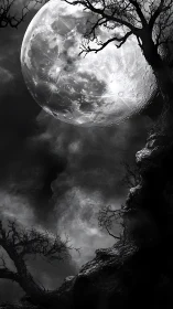 Monochrome digital painting of looming moon and jagged trees.