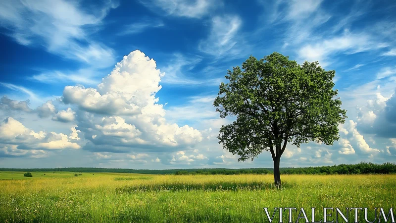 Lone green tree resting peacefully under a wide summer sky.