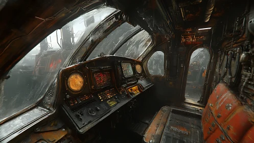Rusty sci fi cockpit inviting you into a misty journey.