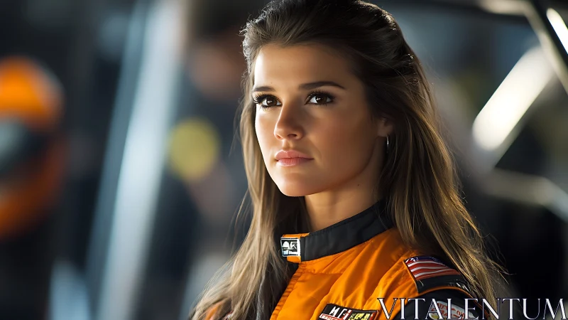 Focused female racer gazes ahead in vibrant pit light.