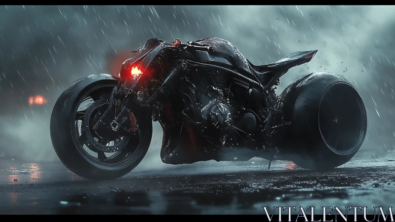 Futuristic rain‑soaked motorcycle glowing in the stormy night.