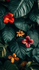 Vibrant Tropical Flowers Bloom Among Deep Green Foliage