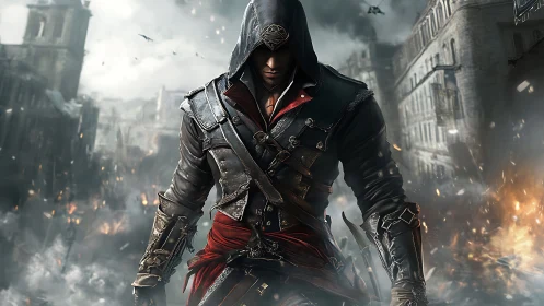 Hooded rogue in leather armor amid war-torn European cityscape