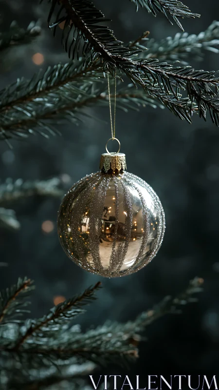 Gold striped glass bauble on evergreen branch with soft bokeh glow